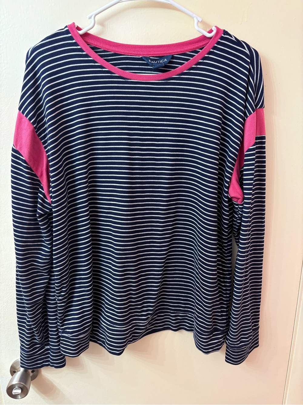 Nautica Navy & White Striped Long-Sleeve Top with Pink Trim